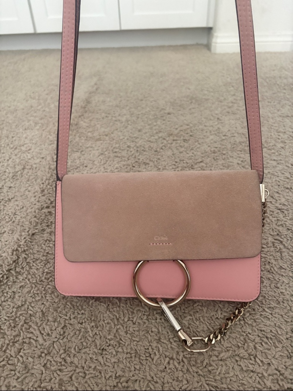 Chloé Small Faye Shoulder Bag Pink Rose Blush Suede Top Flap Calfskin Crossbody
